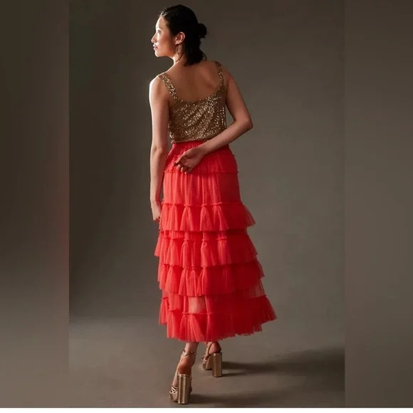NEW Anthropologie Nikasha women Tiered pink Tulle skirt size large